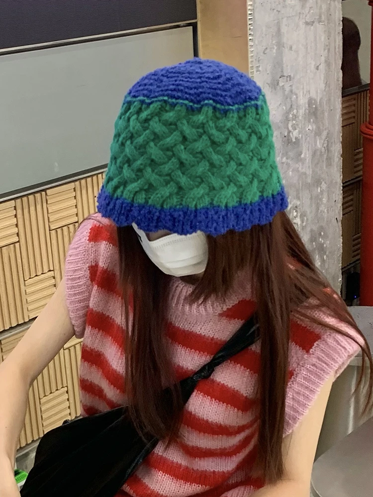 Autumn Winter New Style Spliced Color Block Knitted Bucket Hat Women's Fashionable Versatile Face Slimming Warm Woolen Pot Hat