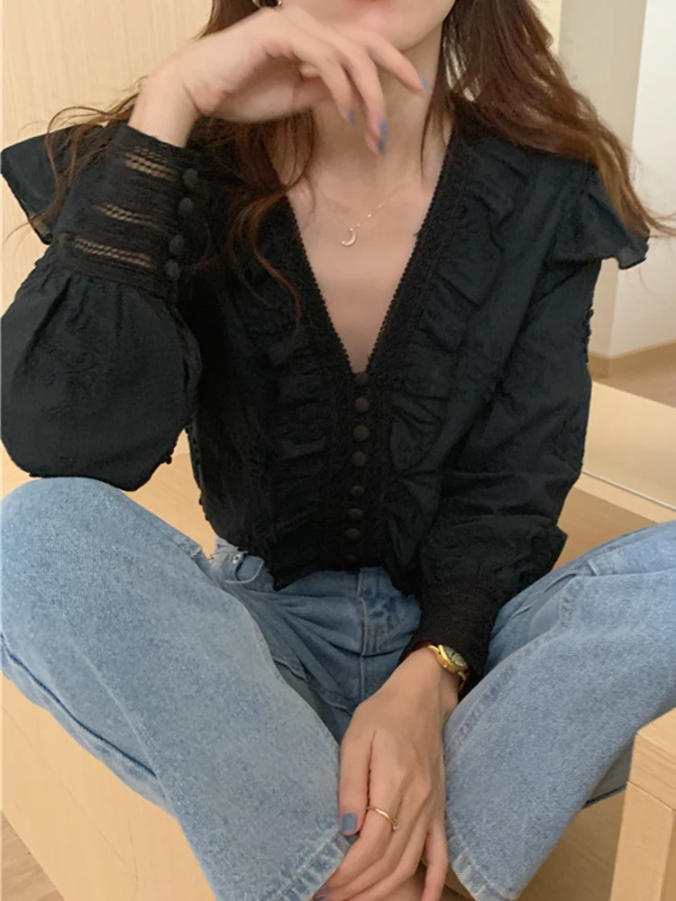 BL9308A New 2023 Chic Shirts Patchwork Embroidery Korean Fashion Women Blouses Spring Summer V-neck Elegant Lady Vintage Tops