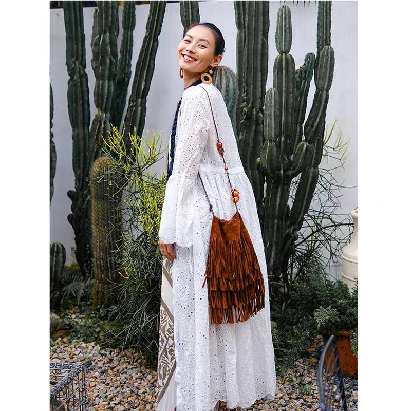 

2025 New Arrival Summer Women Outerwear & Coats Casual Loose V-neck Flared Sleeves Flower Hollow Out Long Open Stitch Coat T250