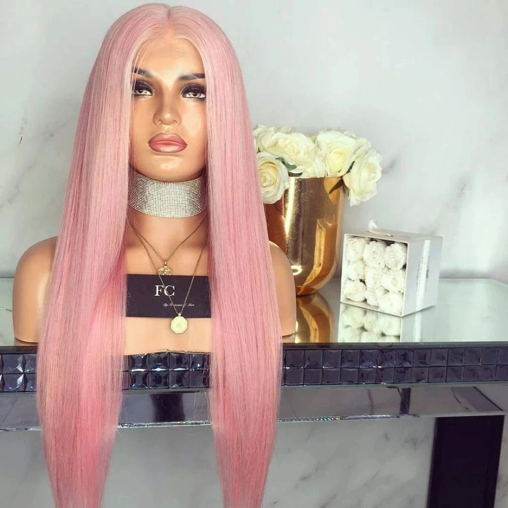 RONGDUOYI Long Silk Straight Pink Hair Middle Part Synthetic Wig Natural Hairline Fiber Lace Front Wigs Women Use Cosplay Makeup
