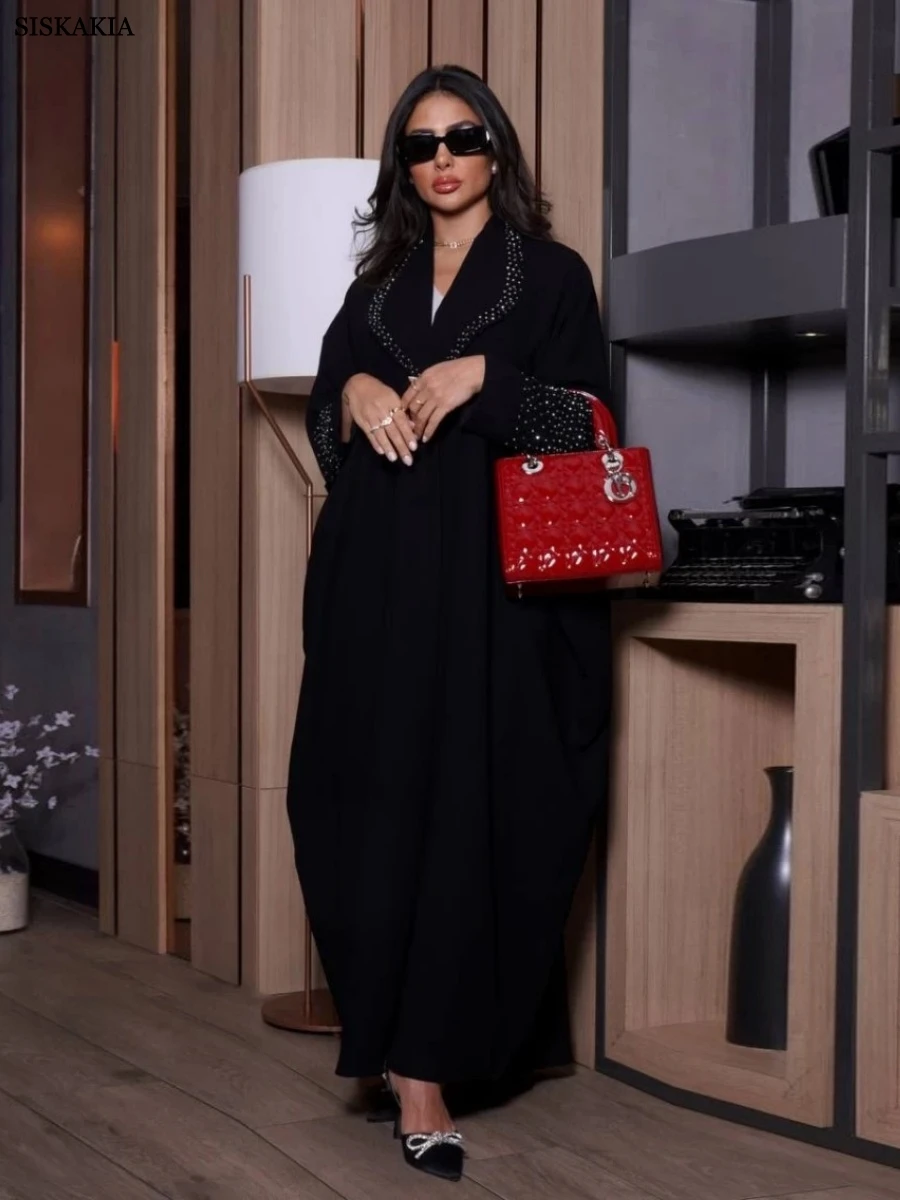 

Siskakia New Dubai Stylish Abaya With Rhinestones Fashion Muslim Batwing Sleeve Open Kaftan