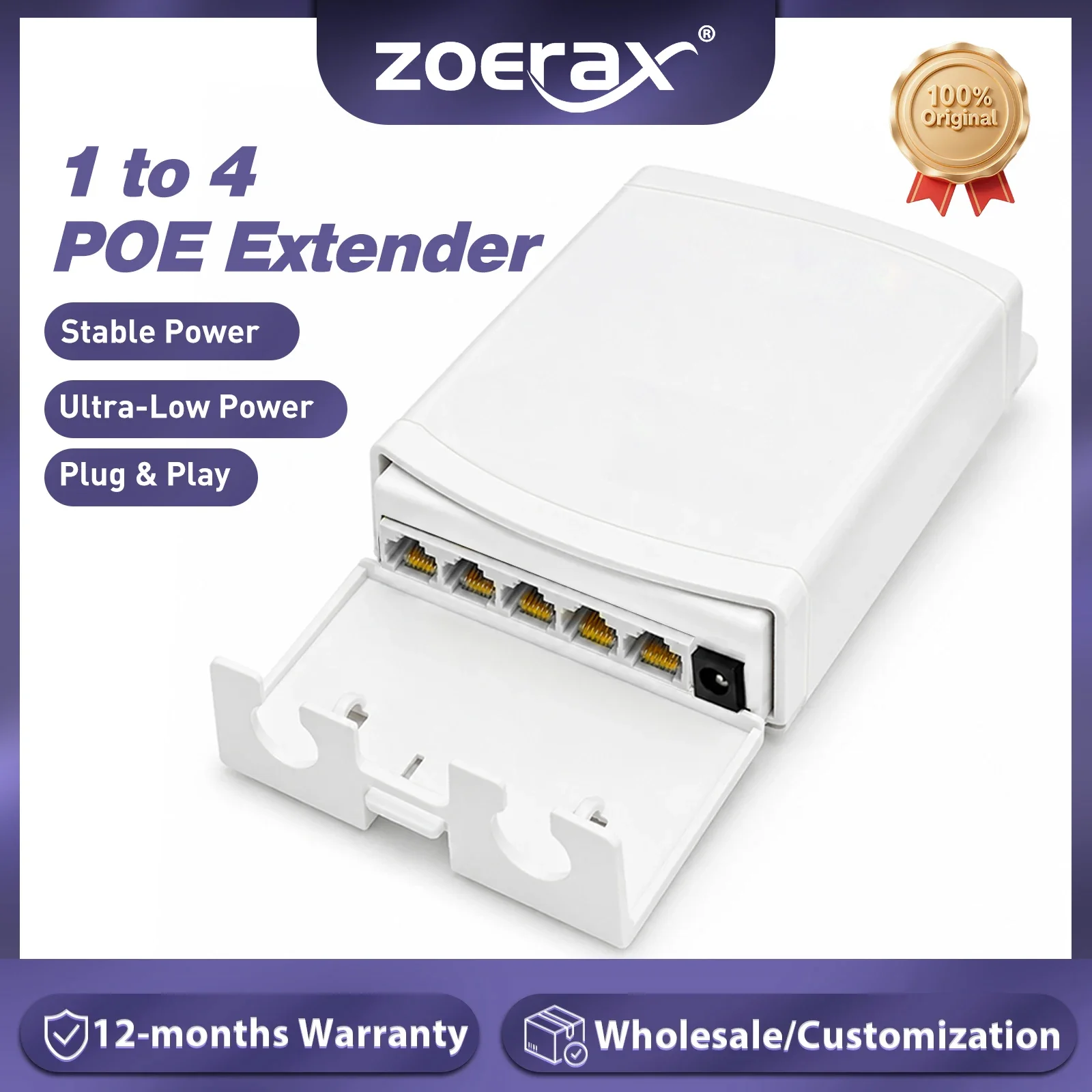ZoeRax Outdoor Waterproof PoE Extender 1 to 4 100/1000Mbps 44-57V Stable Transmission for PoE Camera, Wireless AP, IP Camera