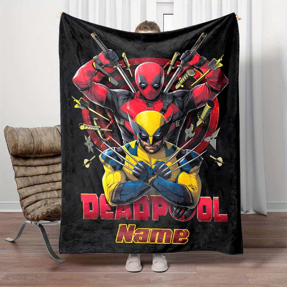 1PC Custom Name Blanket Marvel Deadpool Print Suitable for Sofa, Bed, Travel, Camping, Car, Office,Chair and Bed Holiday Gifts