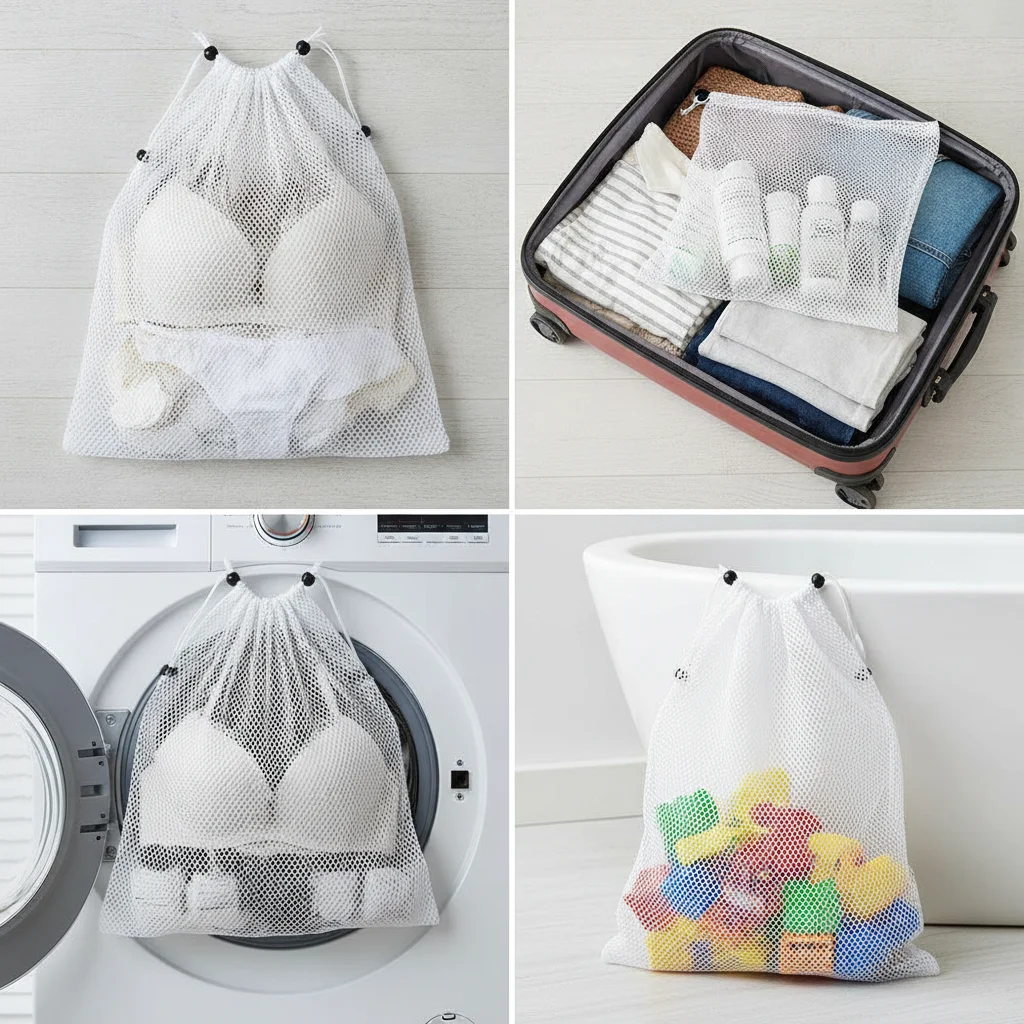 Outdoor Activity Pouch Laundry Bag Durable 5 Pcs White Nylon Mesh Drawstring Storage Pouch Bag Multi Purpose Home Travel