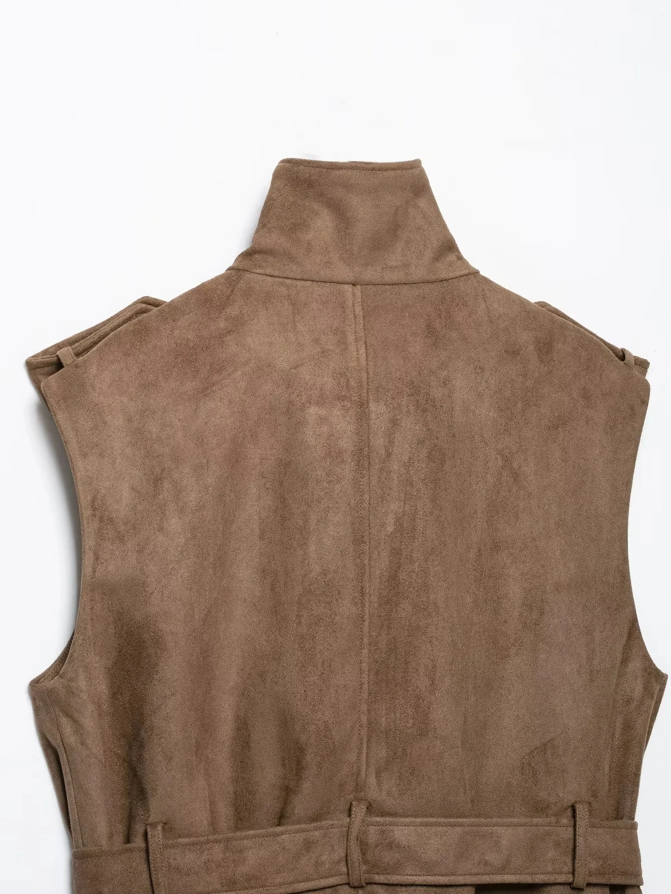 KONDALA Vintage Casual Chic Damen Wildlederweste Khaki Stehkragen Ärmellos Doppelreihig mit Taschen und Gürtel Modische Weste 2026 – Detail 11