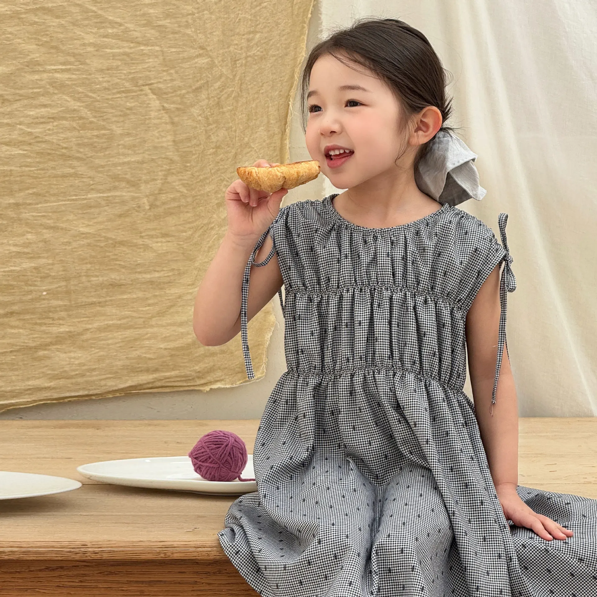 

Girls Dress Summer Drawstring 2025 New Korean Children Little Girl Waist Cinching Holiday Dress Children Clothing