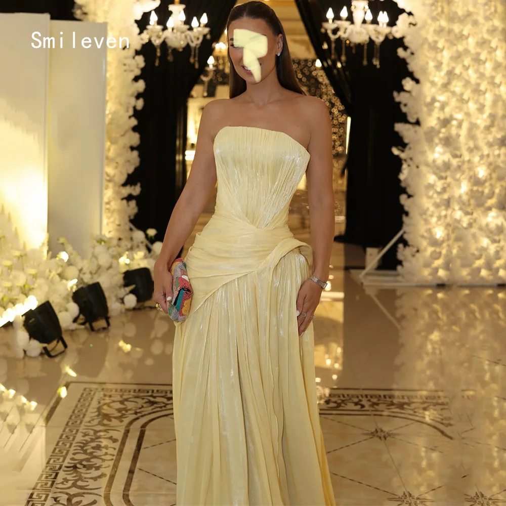 Smileven Luxury Noval Liquid A Line Evening Dress Pleat Formal Prom Dresses Yellow Birthday Party Gowns Customized 2026