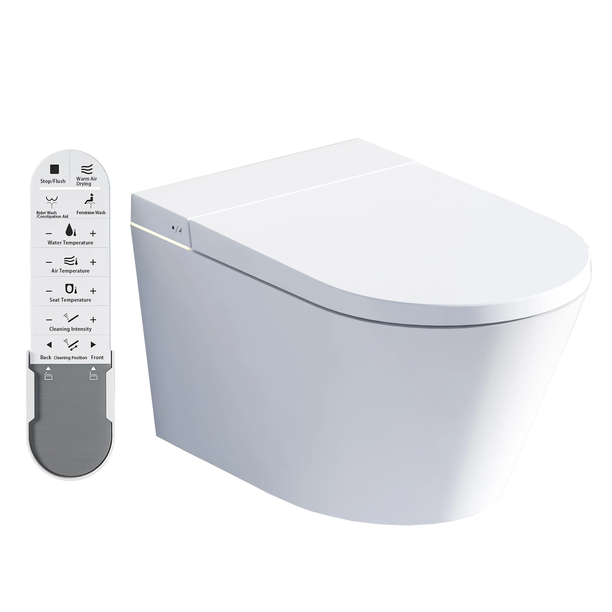 

Wall-Hung Smart Toilet With Elongated Bowl Heated Seat Remote Control & Auto Flush Stand-up Feature Featuring Sensor Seat Ring