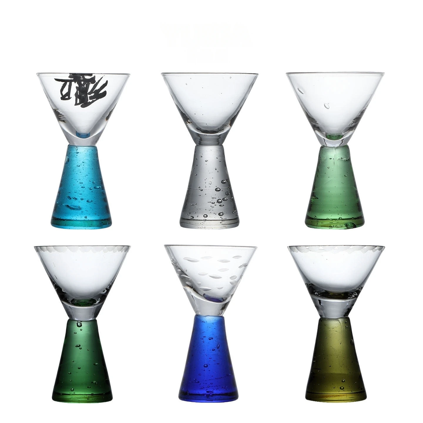 

Retro Colorful Glass Handle Goblet Glass Wine Cock Tail Champagne Glass Handmade Transparent Bubble Frosted Lace Pattern Glass