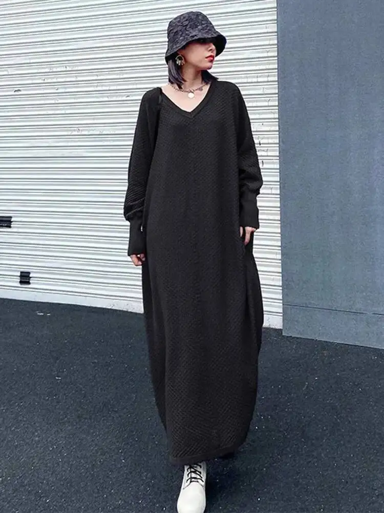 Women Purple Knitting Big Size Casual Long Sweater Dress New V-Neck Long Sleeve Fashion Tide Spring Autumn