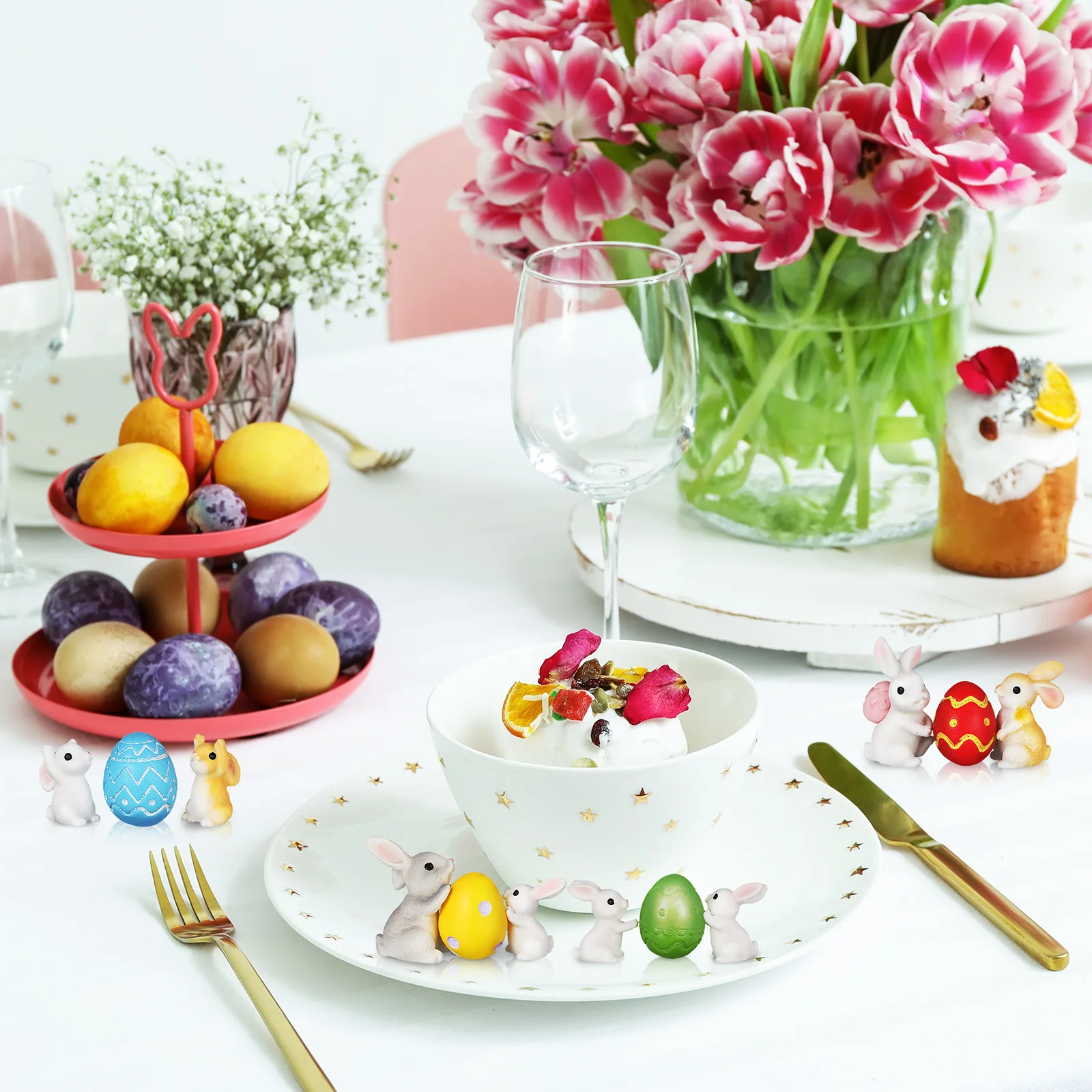 

1 set Mini Resin Figurines Easter Bunny Decoration Set Holiday Party Decor Small Animal Ornaments Desktop Craft Collectibles