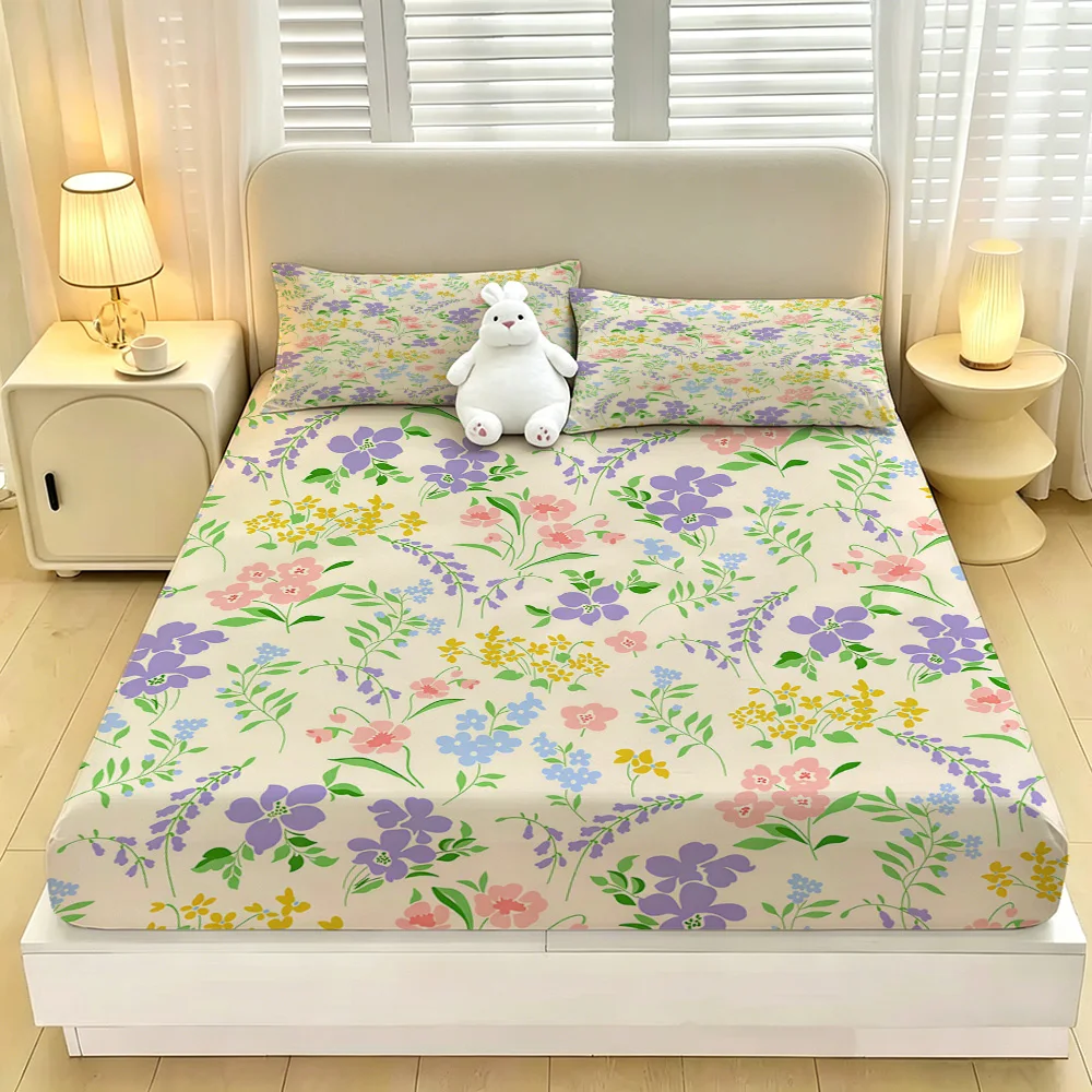 Colorful Flower Fitted Sheet 3 Piece Set, Elastic Deep Pocket No Slip Bed Sheet, Microfiber, Twin Full Queen King、Winter