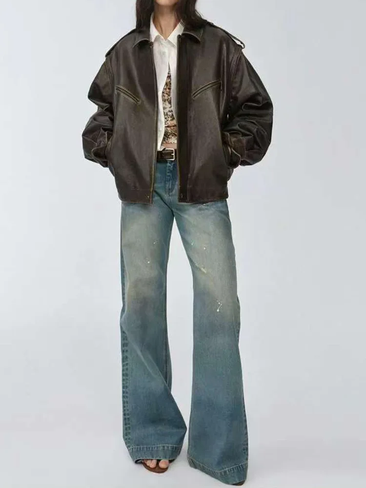 

Women's genuine leather jacket with detachable wide sleeve made of vegetable-tanned sheepskin, retro motorcycle collar, and wide