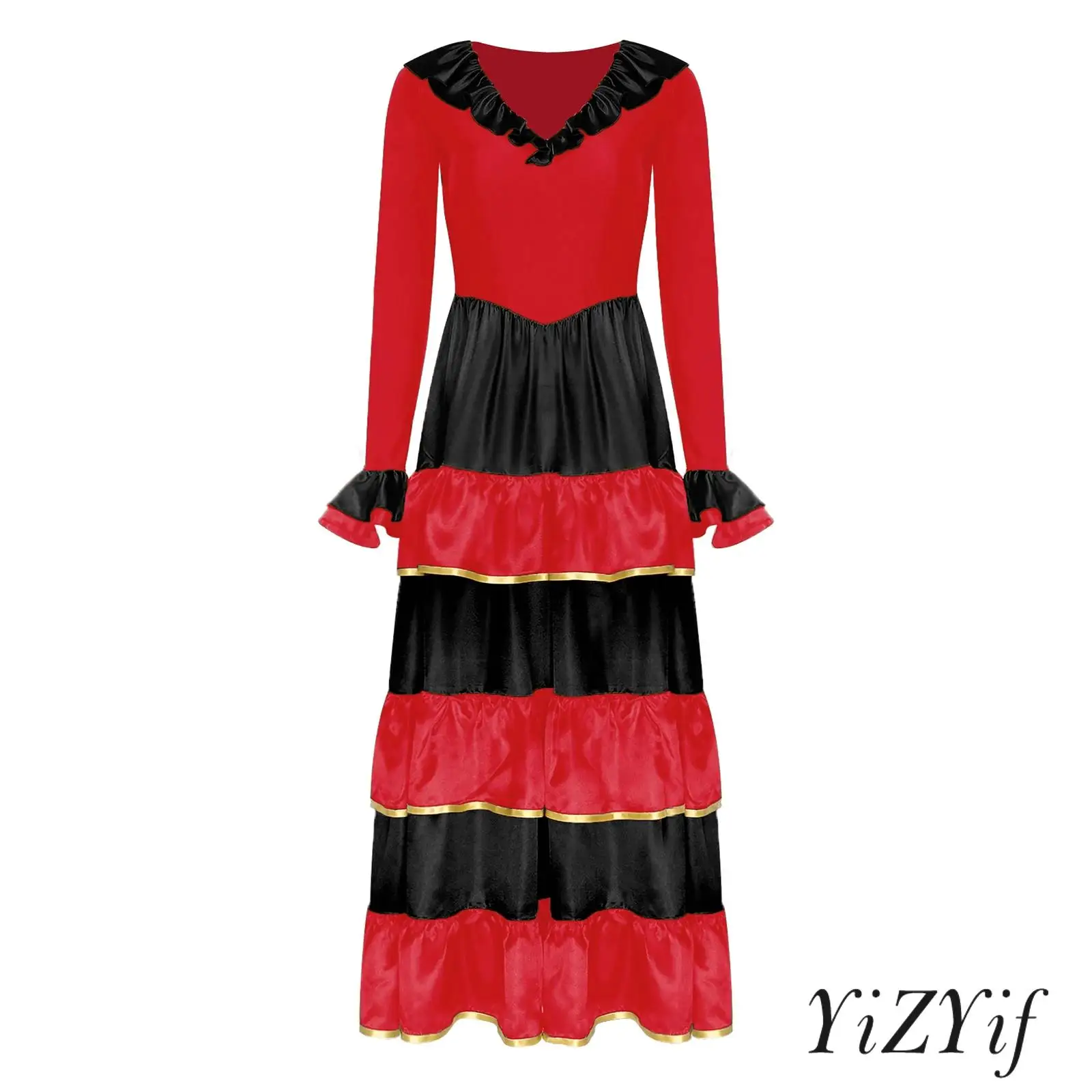 

Womens Flamenco Spanish Dance Dress Tiered Ruffled Contrast Color Big Swing Long Sleeve V Neck Dress for Ballroom Dancing Party