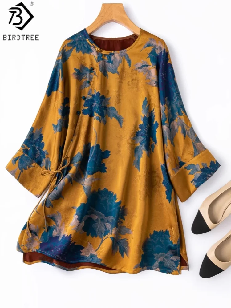 

Блузка Birdtree из 100% шелка с принтом, 24 мм, с косым воротником в китайском стиле, женская свободная рубашка Xiangyunsha, новинка весны 2026, T64518JF