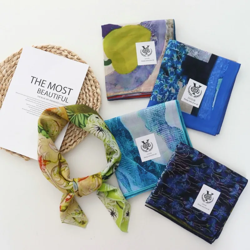 Pastoral Oil Painting Style 100% Cotton Kerchief Female 2025 New Fashion All-Match Square Scarf Decoration Bag Hair Band