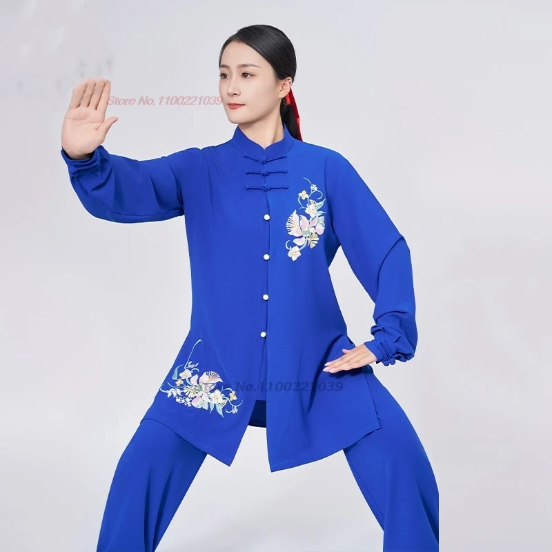 2024 chinesische Tai Chi Wushu Uniform Morgenübung Tops + Hosen Set Blumenstickerei Training Praxis Bühne Team Performance