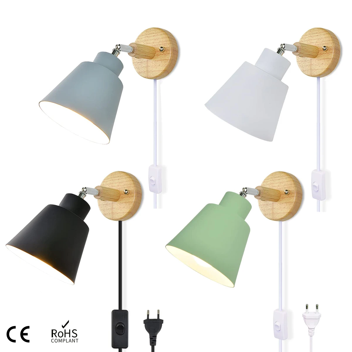 Nordic Wood Wall Lamp with plug and 1.8 meters Line Cable with Knob Switch Creative Bedside wall light EU plug wooden base