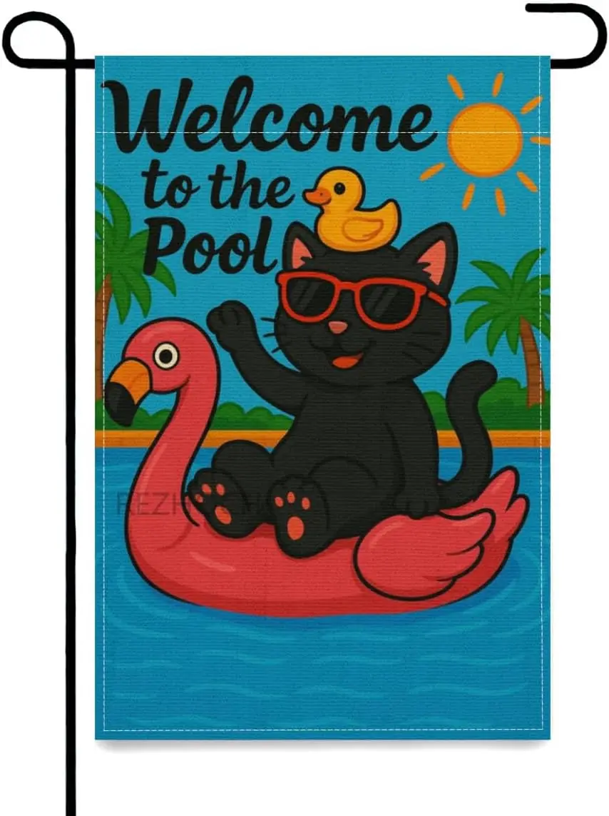 REZHOCH Welcome to Our Pool Black Cat Garden Flags 12x18 Inch for Outside Summer Flamingo Swimming Ring House Flag Double Si IIC