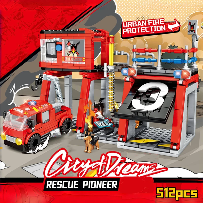 512PCS City Series Fire Station Building Blocks Truck Firefighter Figures Construction Bricks City Educational Toys
