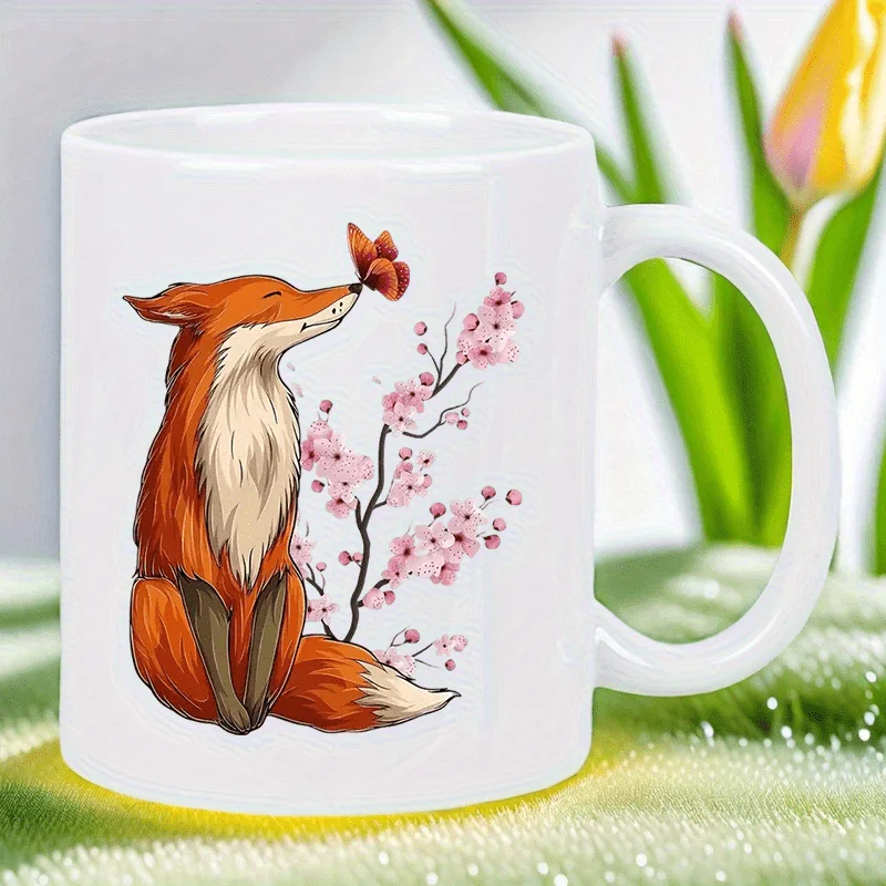 11 Oz Ceramic Coffee Cup with Fox Cherry Blossom Pattern Heat Cold Retention Reusable Travel Cup Hand Wash Only Perfect Gift For