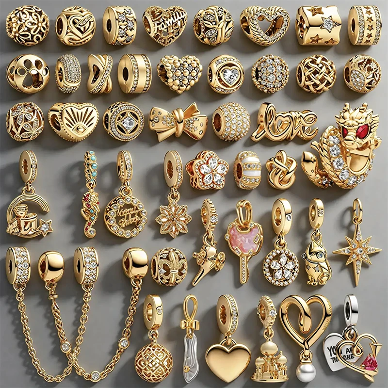 Breloques plaquées or 2026 pour bracelet, fabrication de bijoux DIY, dragon, fleur, cœur, lune, étoile, chaîne de sécurité, perles CZ pour femme, cadeau