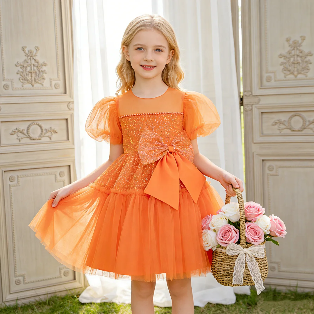 Orange puff sleeve dress for girls sequined princess dress elegant dress for birthday party piano concert wedding ﻿