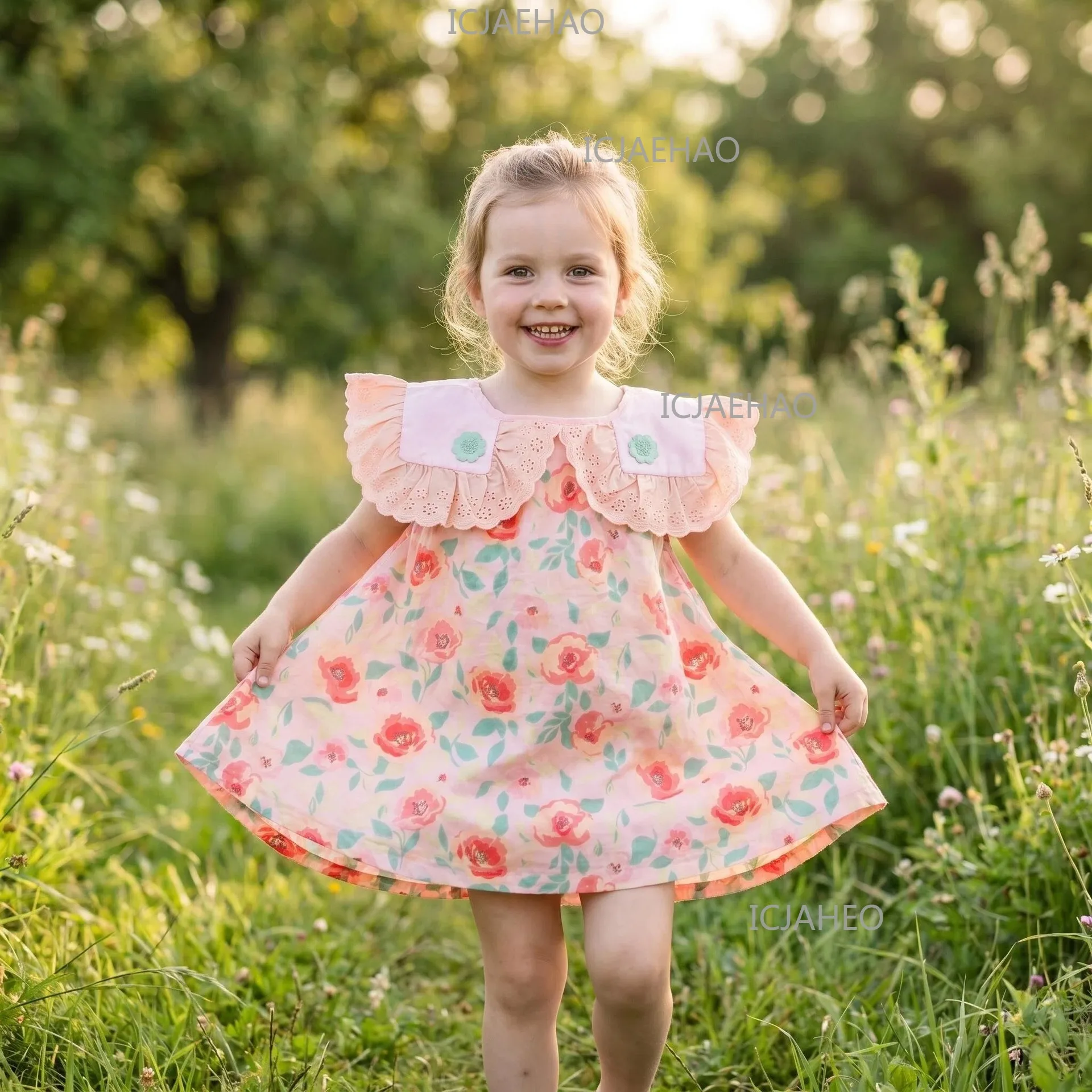 Kids Dress Pastoral Style Girls Embroidery 2026 Summer Children Birthday Party  Costume Floral Big Lapel Princess Skirt