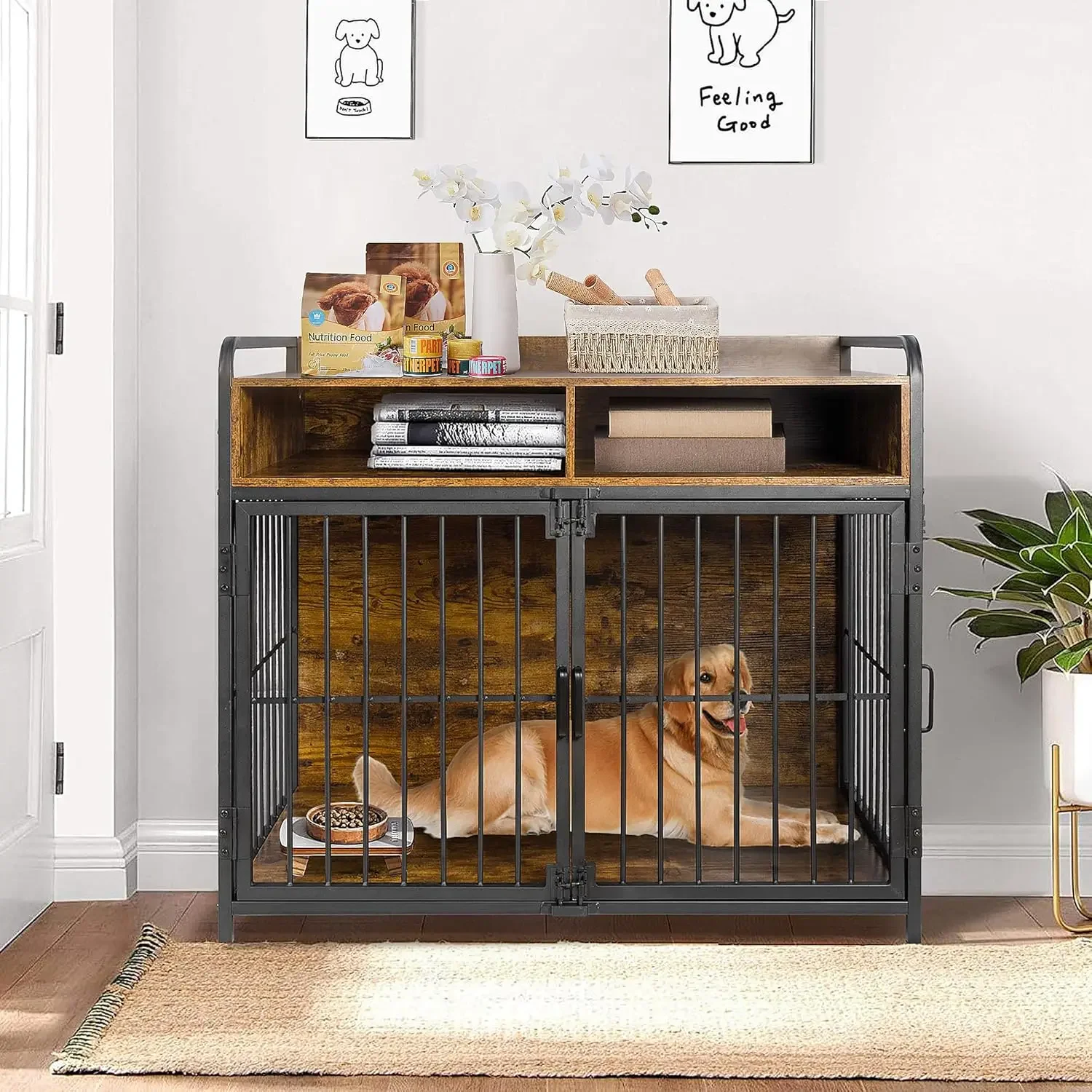 41 inch Dog Crate Furniture for Large Dog,Double Door Dog Kennel with Two Drawers Storages,Reinforced Horizontal Bars,Indoor Dog