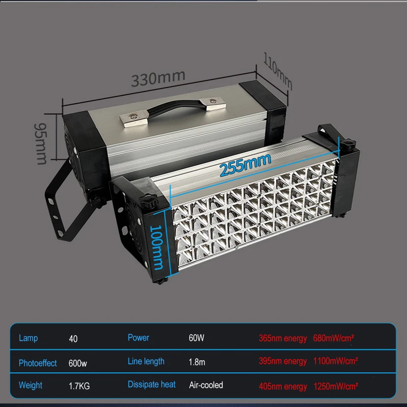 Portable 600W UV Curing Lamp with Light Efficiency Shadowless Adhesive UV Green Oil Ink Dry Fluorescence Detection Glass Repair