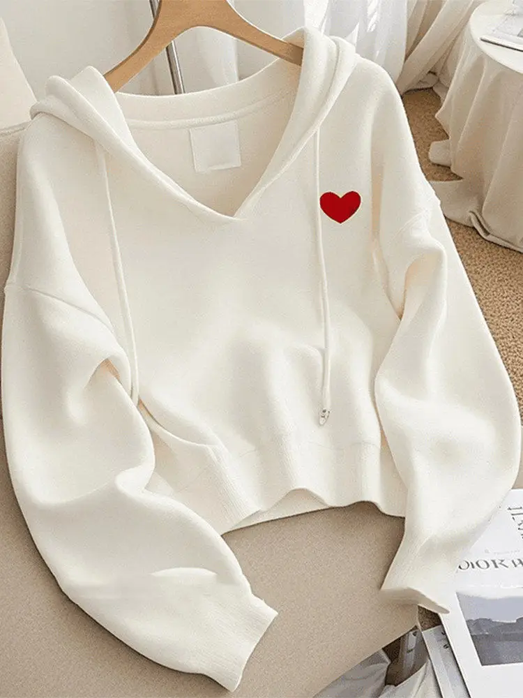 

Soft Cozy Korean Style Long Sleeve Hoodie Women's Knitted Shirt Heart Design White Love Casual Loose Fit Polyester Fiber