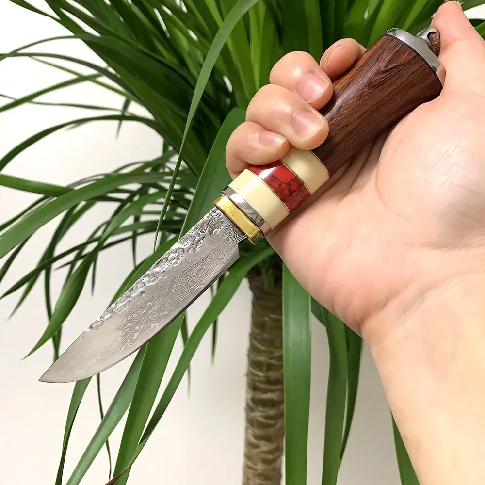 

67 Layers Damascus Steel Hunting Knife Sandalwood + Resin + Turquoise Handle Fixed Knife Outdoor Camping Tool With Leather Case