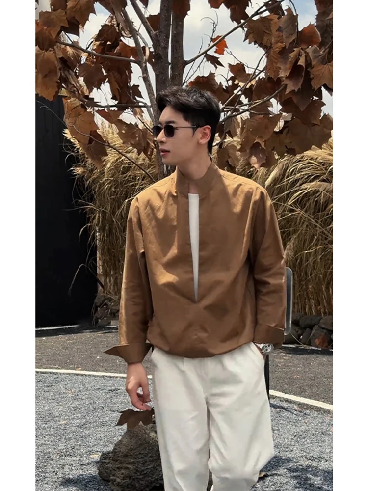 

Свободный крой, льняная мужская осенняя повседневная верхняя одежда с воротником-стойкой, удобный дышащий длинный топ све