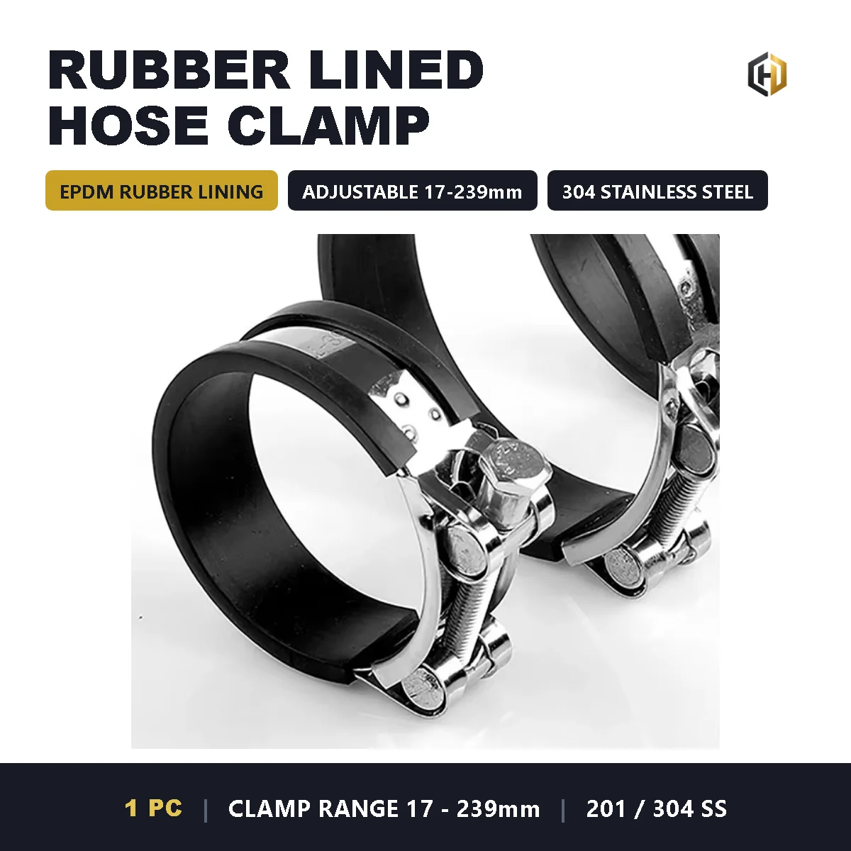 Rubber Lined Hose Clamp 17-239mm Adjustable 304 Stainless Steel Pipe Clip Cushioned for Intercooler Turbo Silicone Hose 1PC