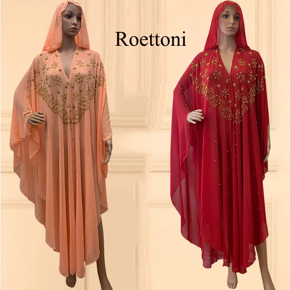 Muslim Kaftan Abaya Dress Women Dubai Open Outfit Turkish Stones Chiffon Hooded Dress Elegant African Loose Boubou Beads Luxury