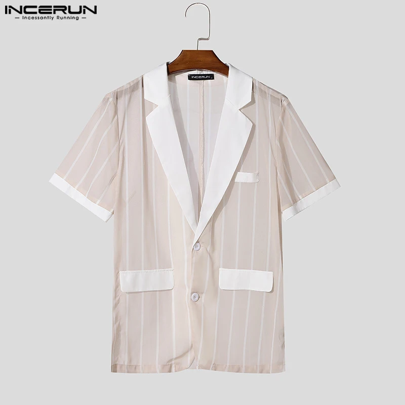 

Mesh See-through Men Casual Stripe Blazer INCERUN Summer Short Sleeve Tops Male Suits Streetwear Lapel Sexy Party Men's Clothing