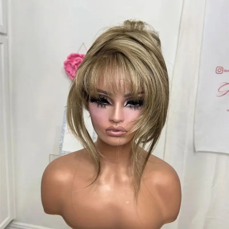 

Ombre Blonde Brown Glueless Wigs Synthetic Lace Front Wig with Bangs Soft Long Straight Wig High Quality Wig for Women Daily Wig