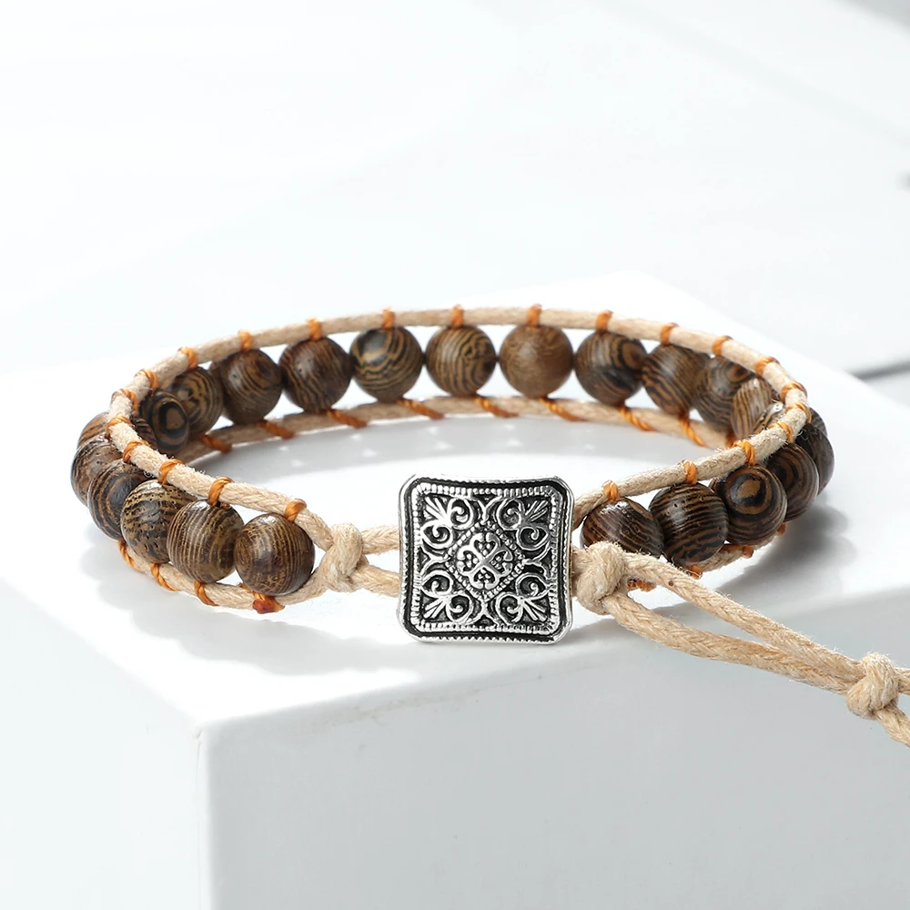 6mm Braided Rope Wood Beaded Bracelets Women Men Handmade Charm Tibetan Buddha Bangle Adjustable Yoga Meditation Fashion Jewelry