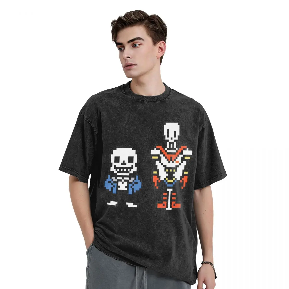 Undertale Sans And Papyrus   Washed T Shirts Oversized Short Sleeve Hip Hop T-Shirt Streetwear Tops Tees for Men Women