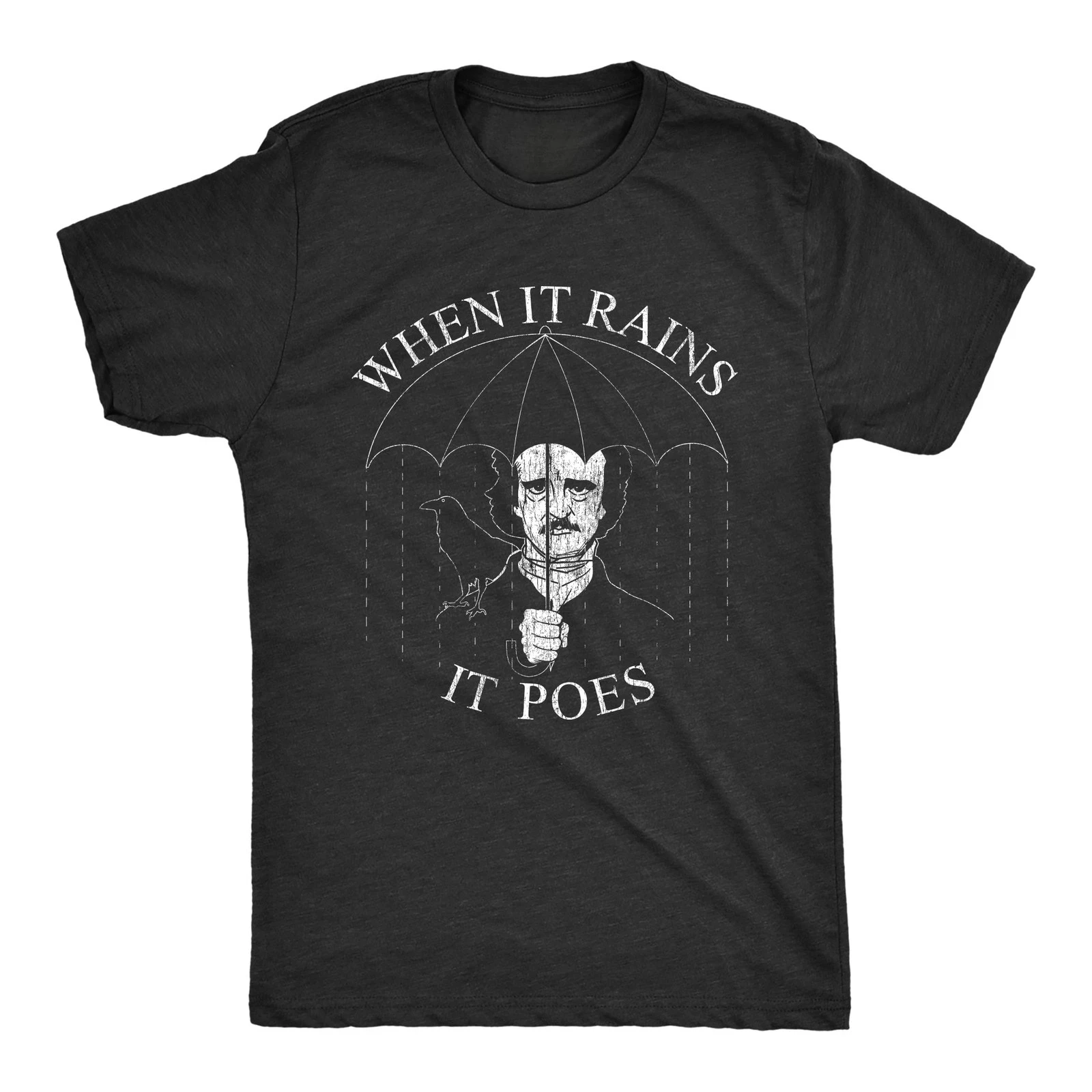 Mens When It Rains It Poes T Shirt Funny Edgar Allan Poe Poetry T-Shirt Graphic Men's T-Shirt Black Casual T Shirt