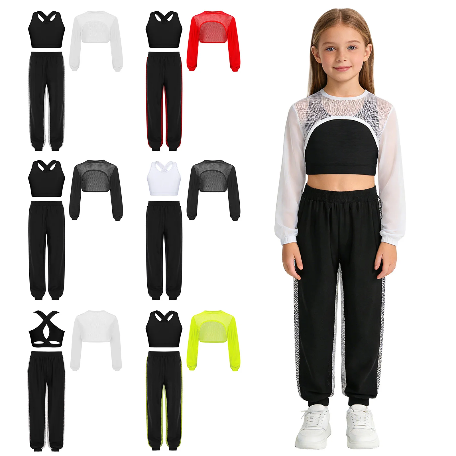 

Kids Girls Hip-Hop Jazz Dance Outfit Long Sleeve Hollow Out Mesh Asymmetrical Hem Crop Top+Vest+Pants Sets for Stage Performance