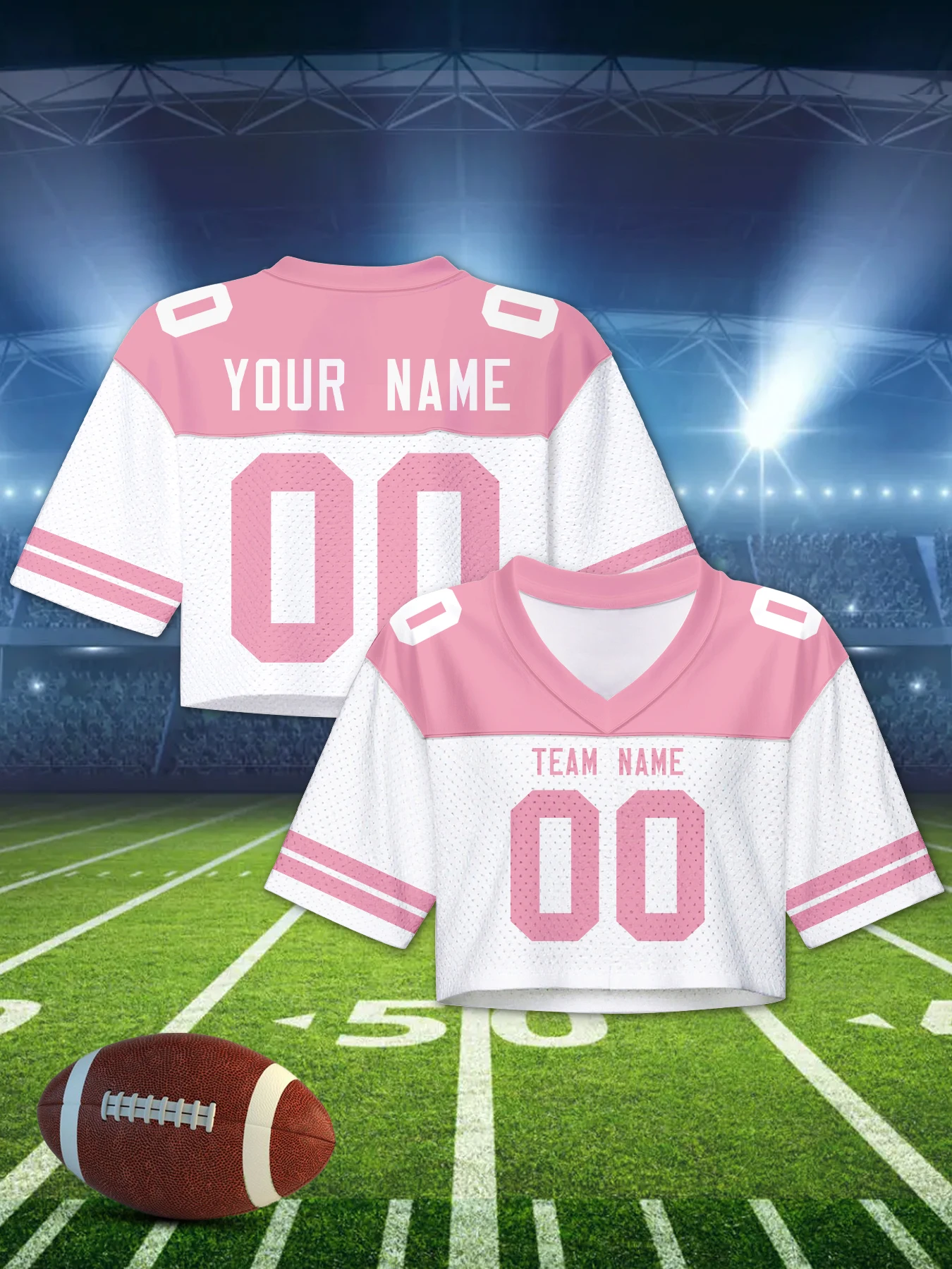 Custom Women Crop Football Jersey Personalized Name Number Pink Cropped Football Shirt Cheerleader Team Fan Top view 5