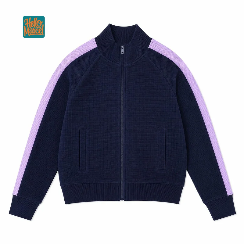 HELLOMARCEL Luxury Quality EU US Size Street Jacket Autumn Oversize Navy Blue Contrast Color Raglan Sleeve Zipper Jacket