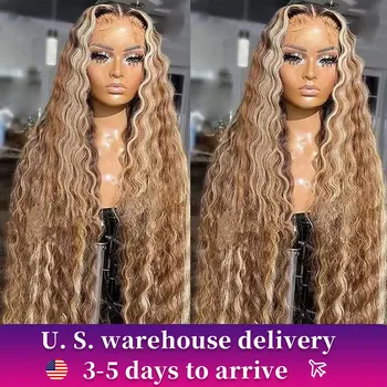 30 34 Zoll Highlight Ombre Lace Front Perücke lockiges Echthaar Perücken honigblonde farbige HD tiefe Welle Frontal Perücken für schwarze Frauen