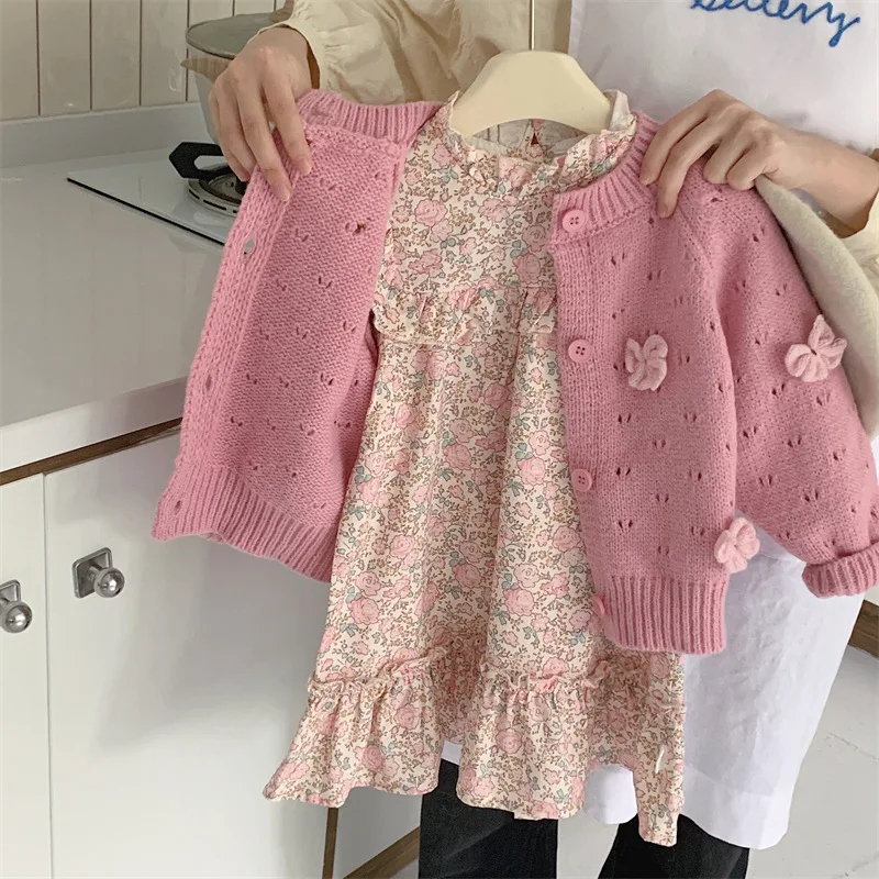 

Girls' Floral Dress Suit New Children's Knit Cardigan Sweater Baby Girl Autumn Clothing Two-Piece Set