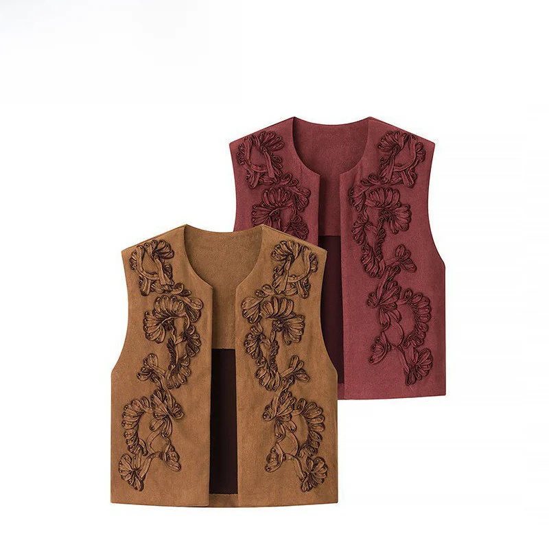 

Новая весенняя женская модная универсальная замшевая жилетка ZR с вышивкой, свободного кроя, из полиэстера, повседневная, с круглым вырезом, без рукавов