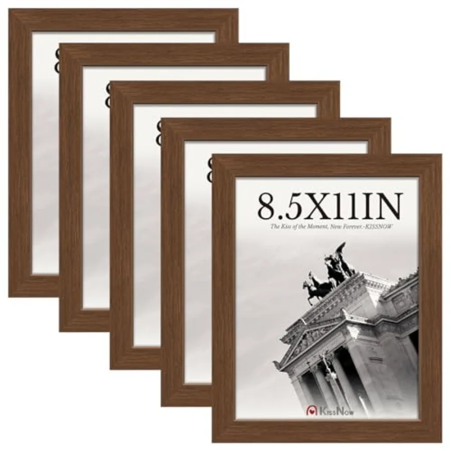 

8.5x11 Picture Frame 5-Pack - Brown Wooden 11x8.5 Frames with Tempered Glass, Classic Tabletop Gallery Frames for Photos and Ar