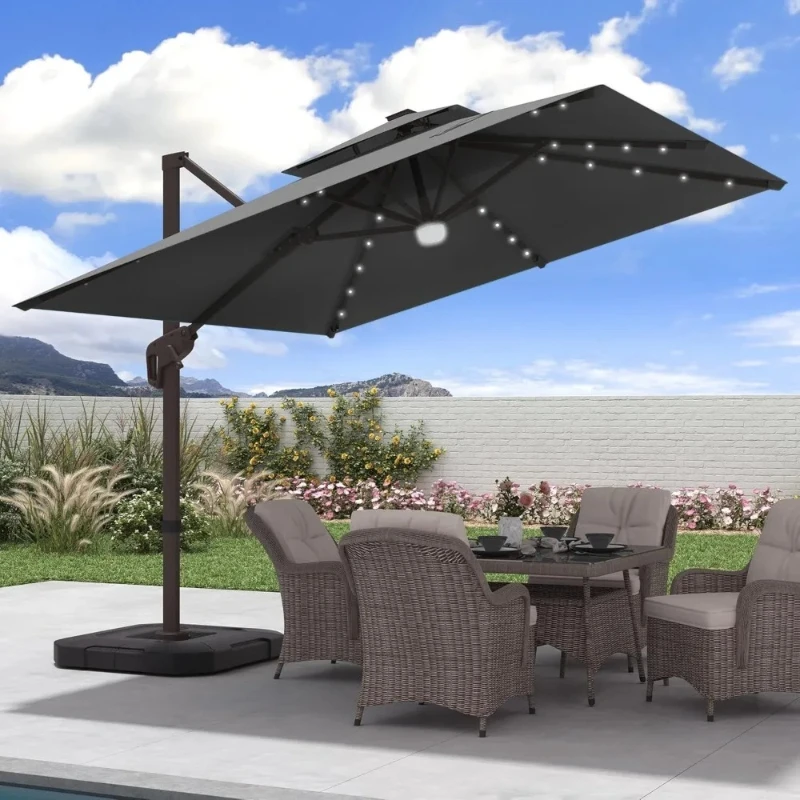 9x9 FT Outdoor Cantilever Patio Umbrella with Base Included and Solar LED Lights, Large Heavy Duty 2-Tier Square