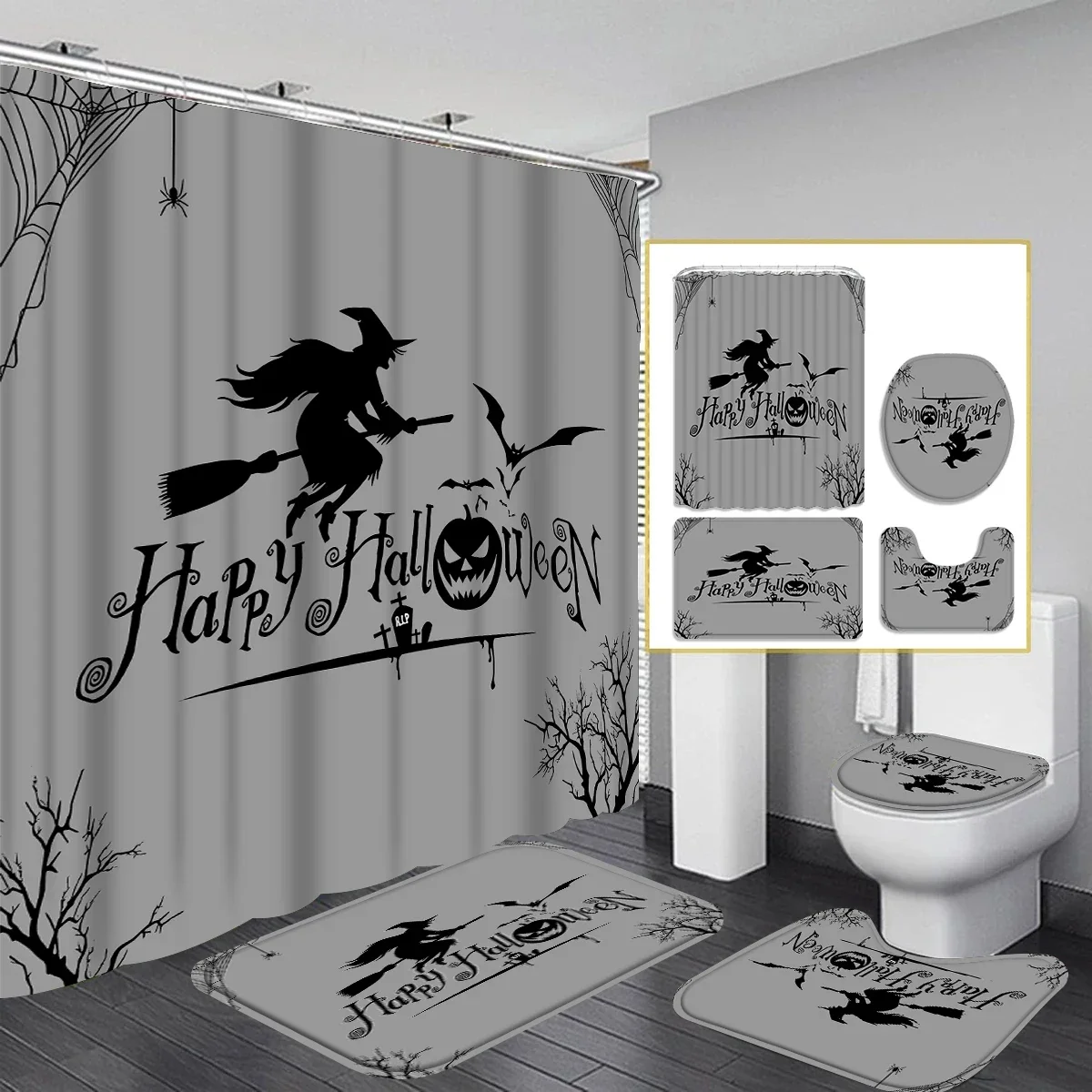 Halloween Black and White Bathroom 4-Piece Set Includes Shower Curtain Non-Slip Mat Toilet Seat Cover Witch Pumpkin Ghost Design