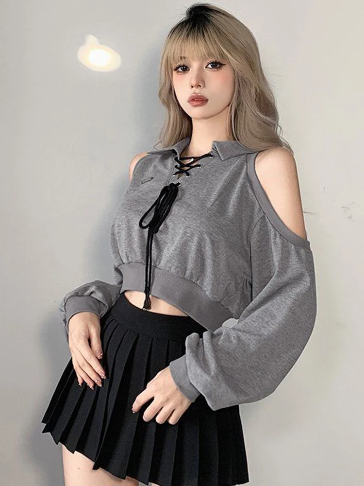 Sexy Cropped Women Y2K Sweatshirt Streetwear Off Shoulder Gothic Tops Autumn Korean Long Sleeve Harajuku Grey Pullovers New